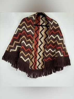 Vintage 70s German Wool Fringe Cape Shawl Knit Brown Cream Orange Mod Poncho